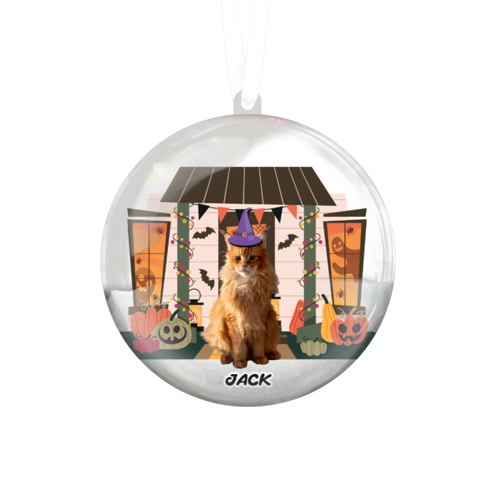 Clear ball ornament with a cat wearing a Halloween costume inside, on a white background.