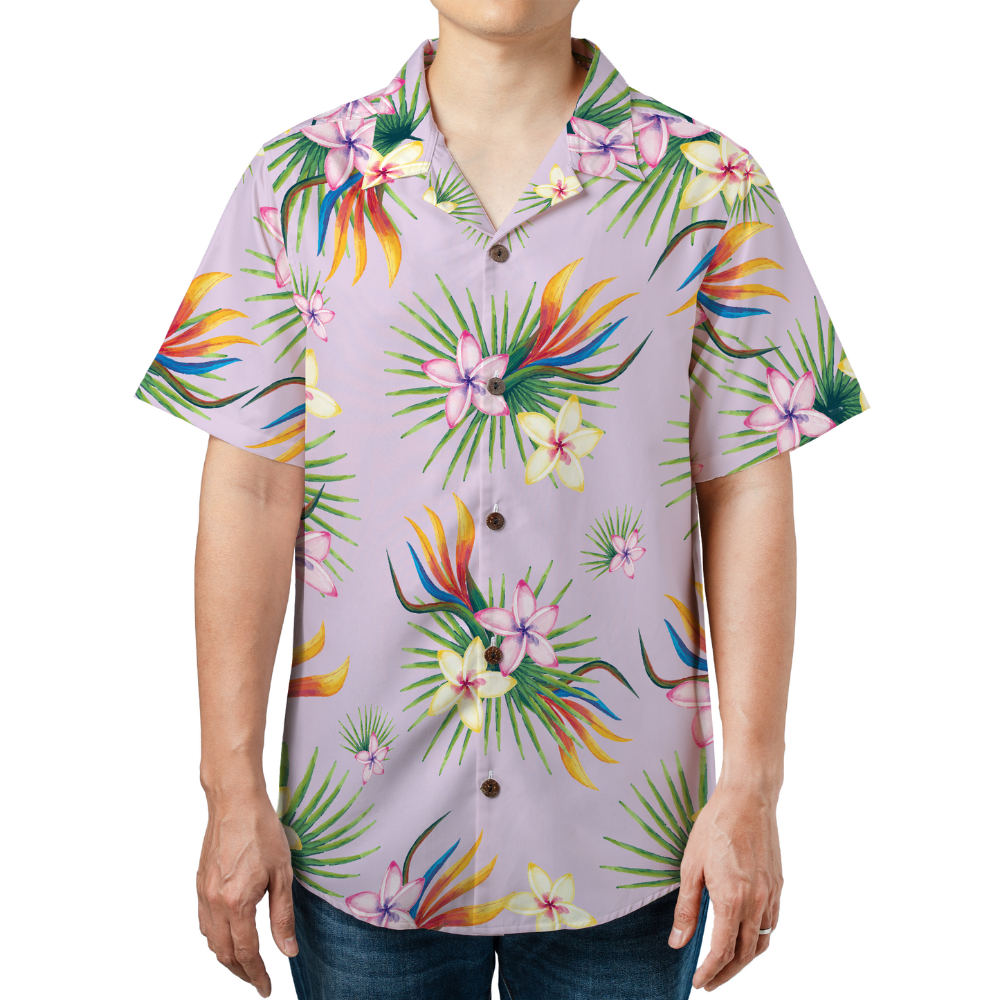 Custom personalized Hawaiian shirt with face photo integration on purple tropical floral print background, personalized beach shirt for men