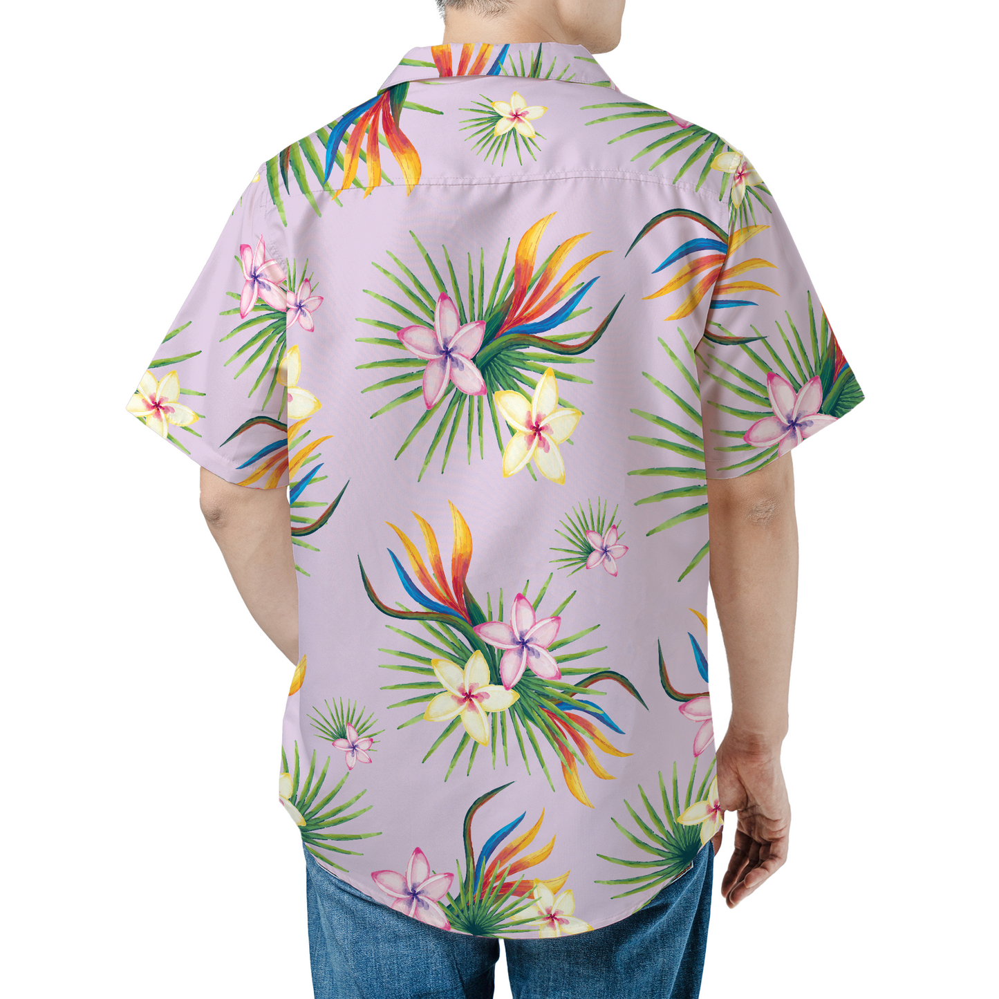 Custom personalized Hawaiian shirt with face photo integration on purple tropical floral print background, personalized beach shirt for men