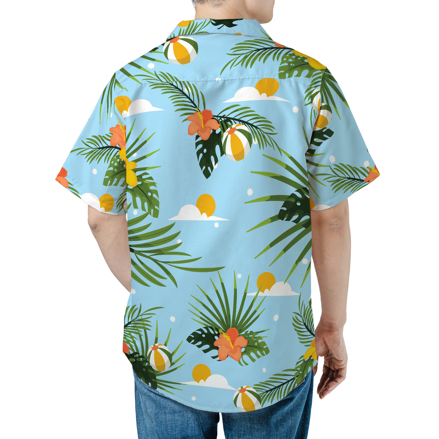 Custom personalized blue Hawaiian shirt with tropical palm print and sky background, featuring custom photo integration for men's summer beach wear