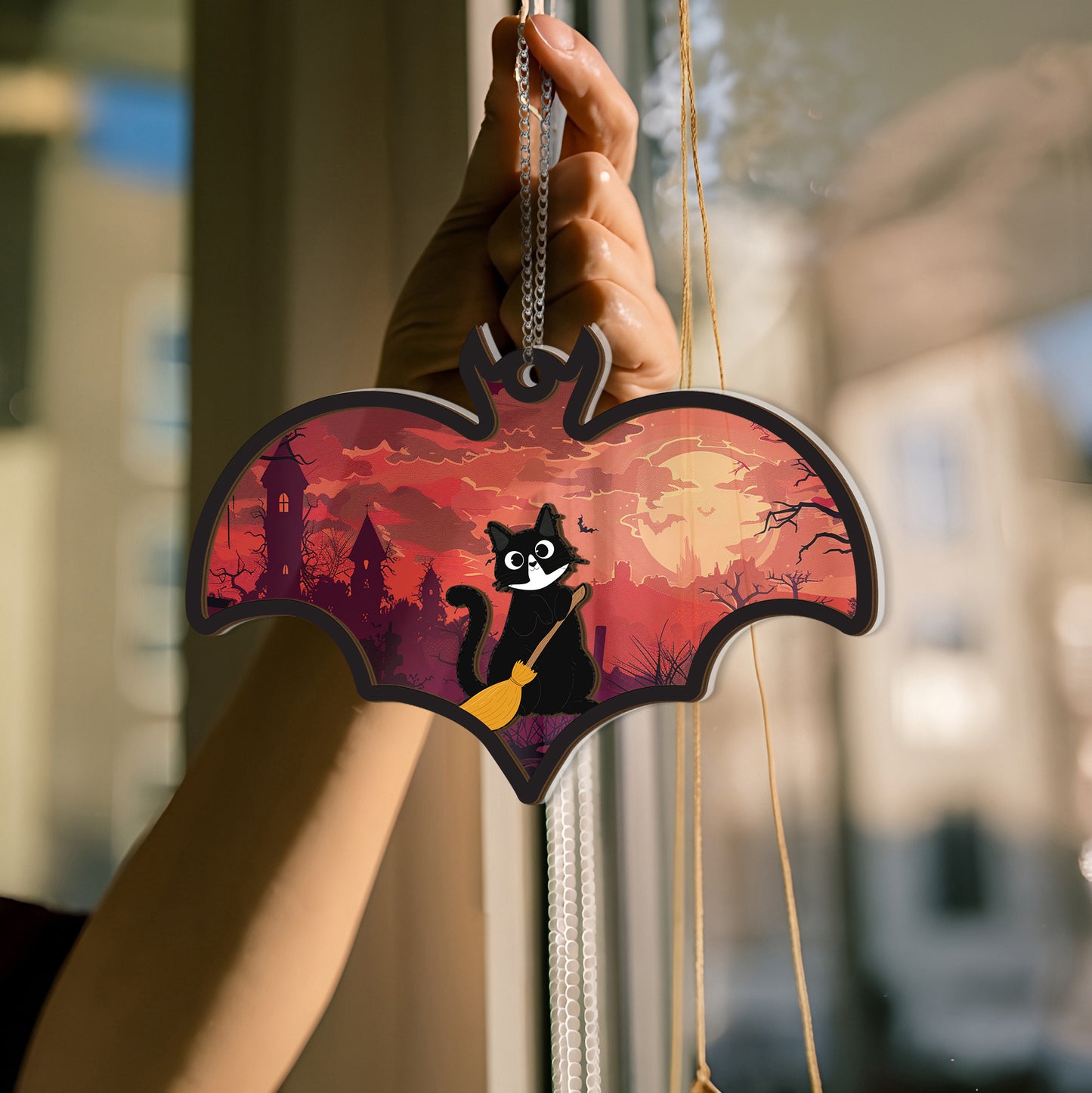 Bat-shaped Halloween acrylic window ornament with a witchy black cat on a sunset background.