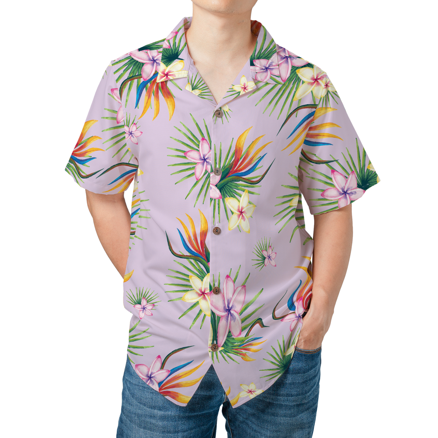 Custom personalized Hawaiian shirt with face photo integration on purple tropical floral print background, personalized beach shirt for men