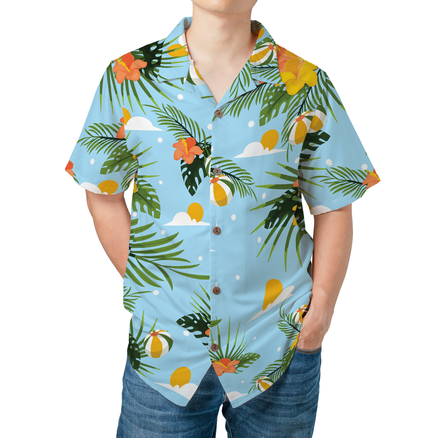 Custom personalized blue Hawaiian shirt with tropical palm print and sky background, featuring custom photo integration for men's summer beach wear