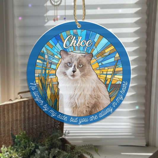 Stained glass memorial suncatcher with sunrise sunset design featuring cattails and water scene, creates rainbow light effects when hung in window