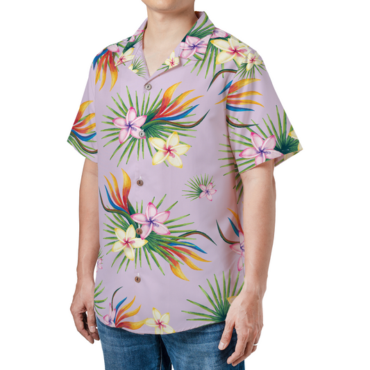 Custom personalized Hawaiian shirt with face photo integration on purple tropical floral print background, personalized beach shirt for men