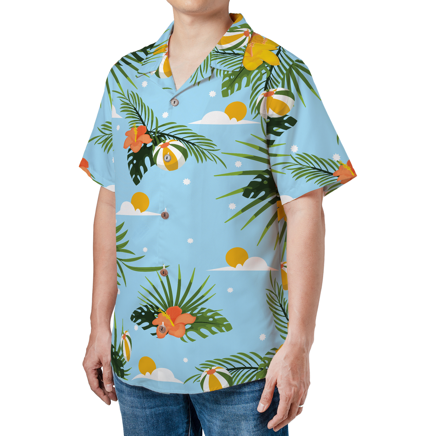 Custom personalized blue Hawaiian shirt with tropical palm print and sky background, featuring custom photo integration for men's summer beach wear