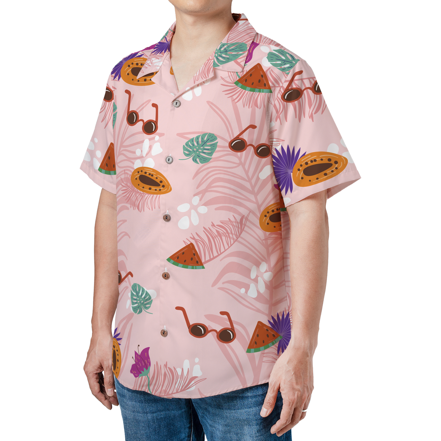 Custom personalized pink Hawaiian shirt with tropical fruit and sunglasses print, featuring custom photo integration for summer beach wear