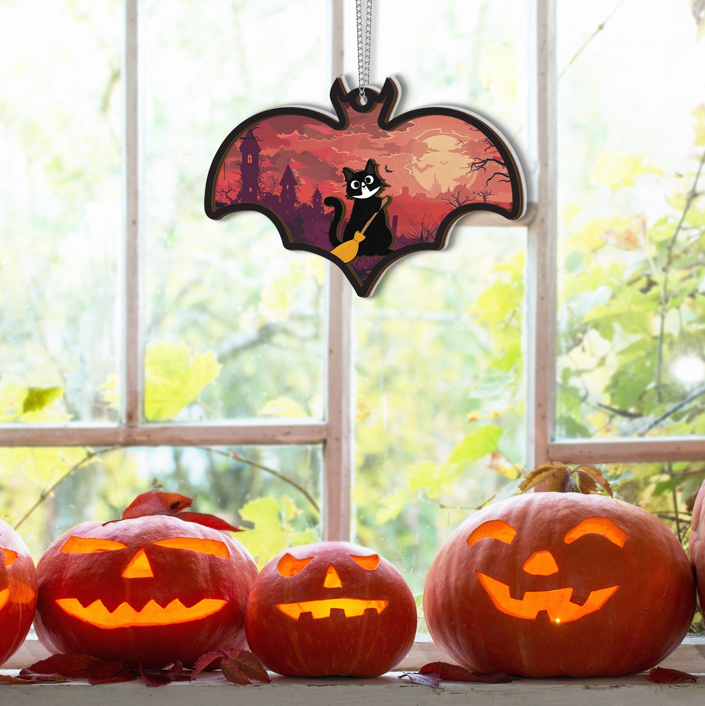 Bat-shaped Halloween acrylic window ornament with a witchy black cat on a sunset background.