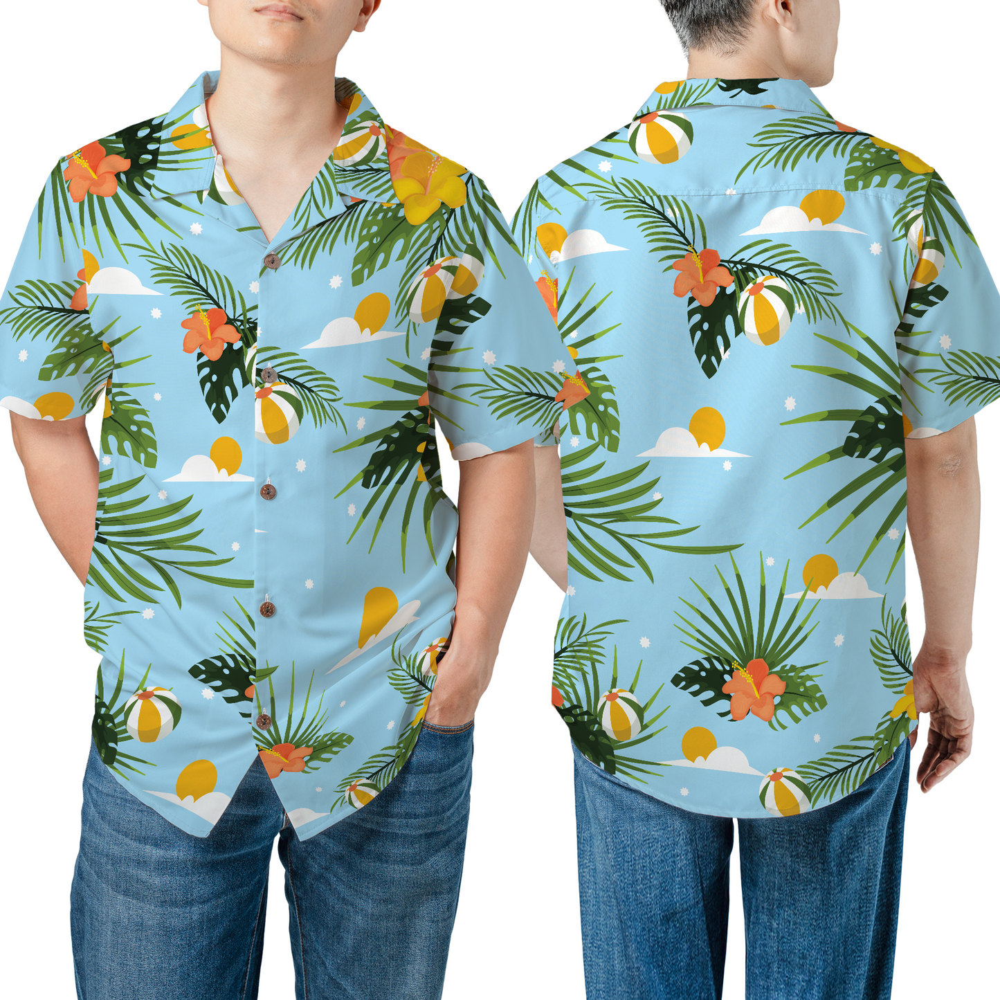Custom personalized blue Hawaiian shirt with tropical palm print and sky background, featuring custom photo integration for men's summer beach wear
