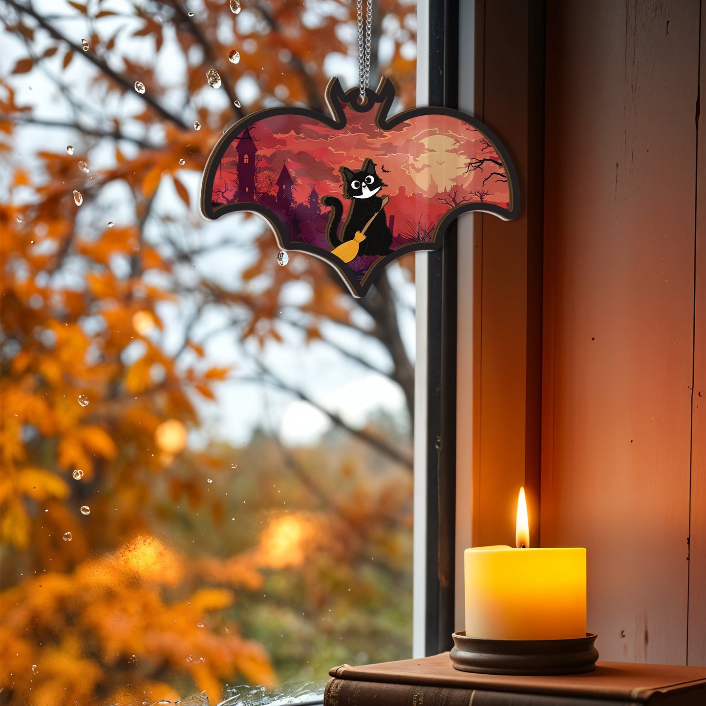 Bat-shaped Halloween acrylic window ornament with a witchy black cat on a sunset background.