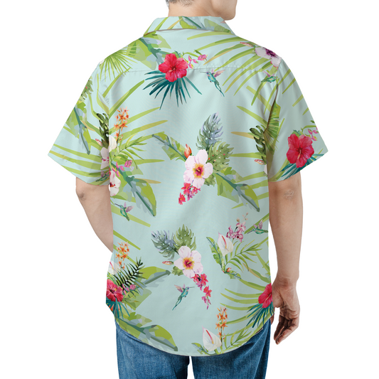 Mint Green Hawaiian Shirt with Tropical Flowers & Hummingbirds