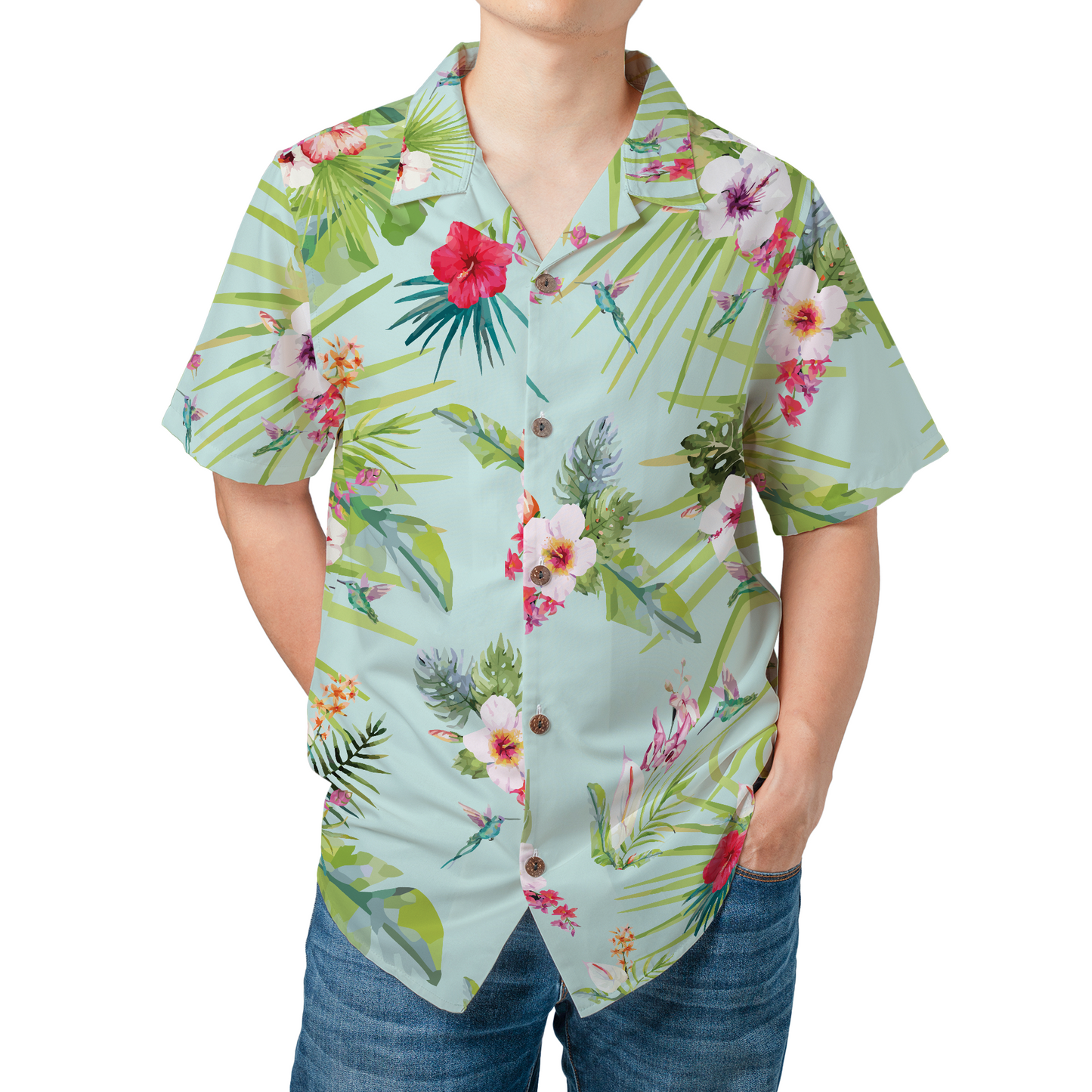 Mint Green Hawaiian Shirt with Tropical Flowers & Hummingbirds
