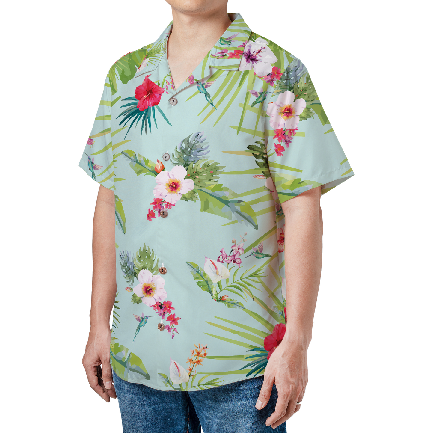 Mint Green Hawaiian Shirt with Tropical Flowers & Hummingbirds