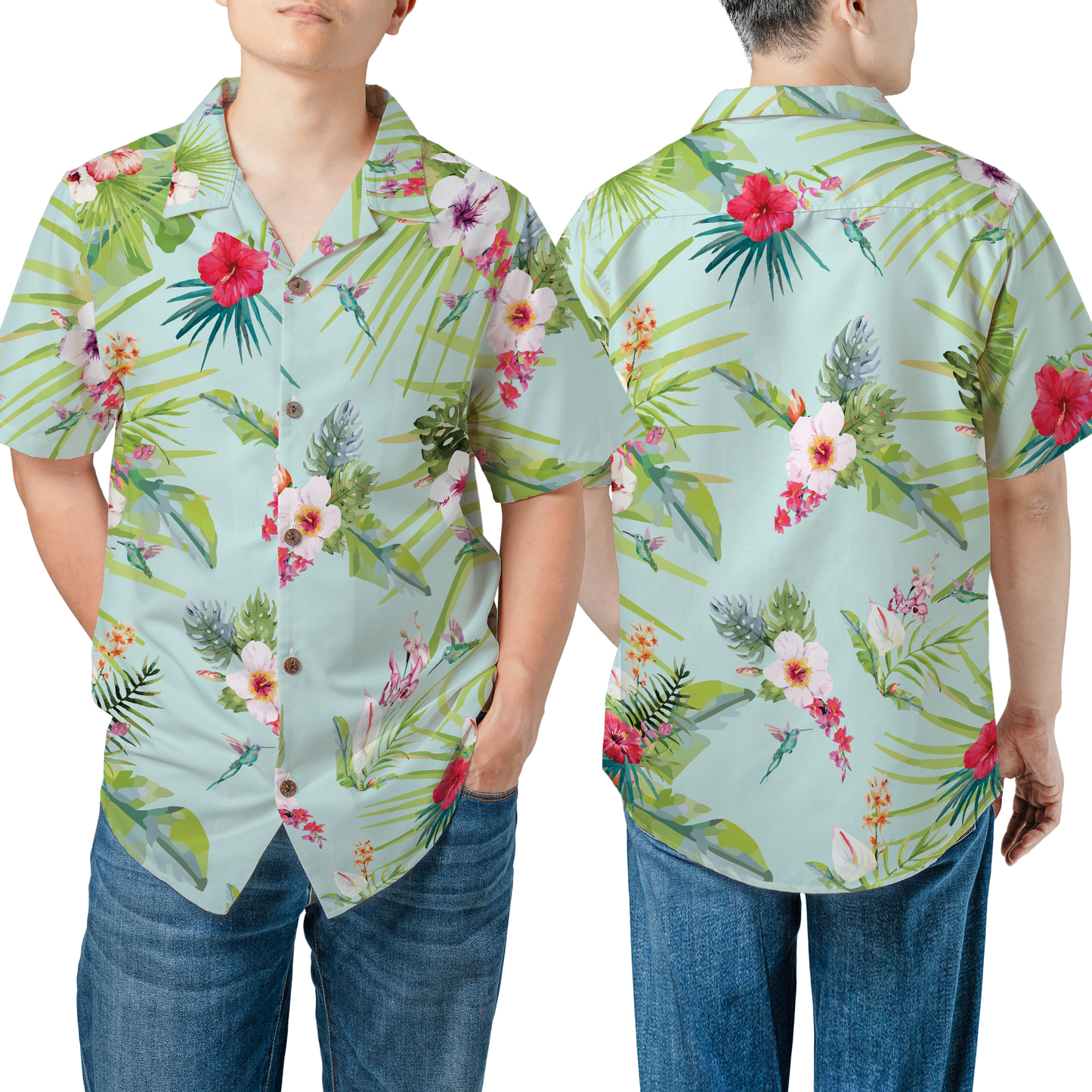 Mint Green Hawaiian Shirt with Tropical Flowers & Hummingbirds