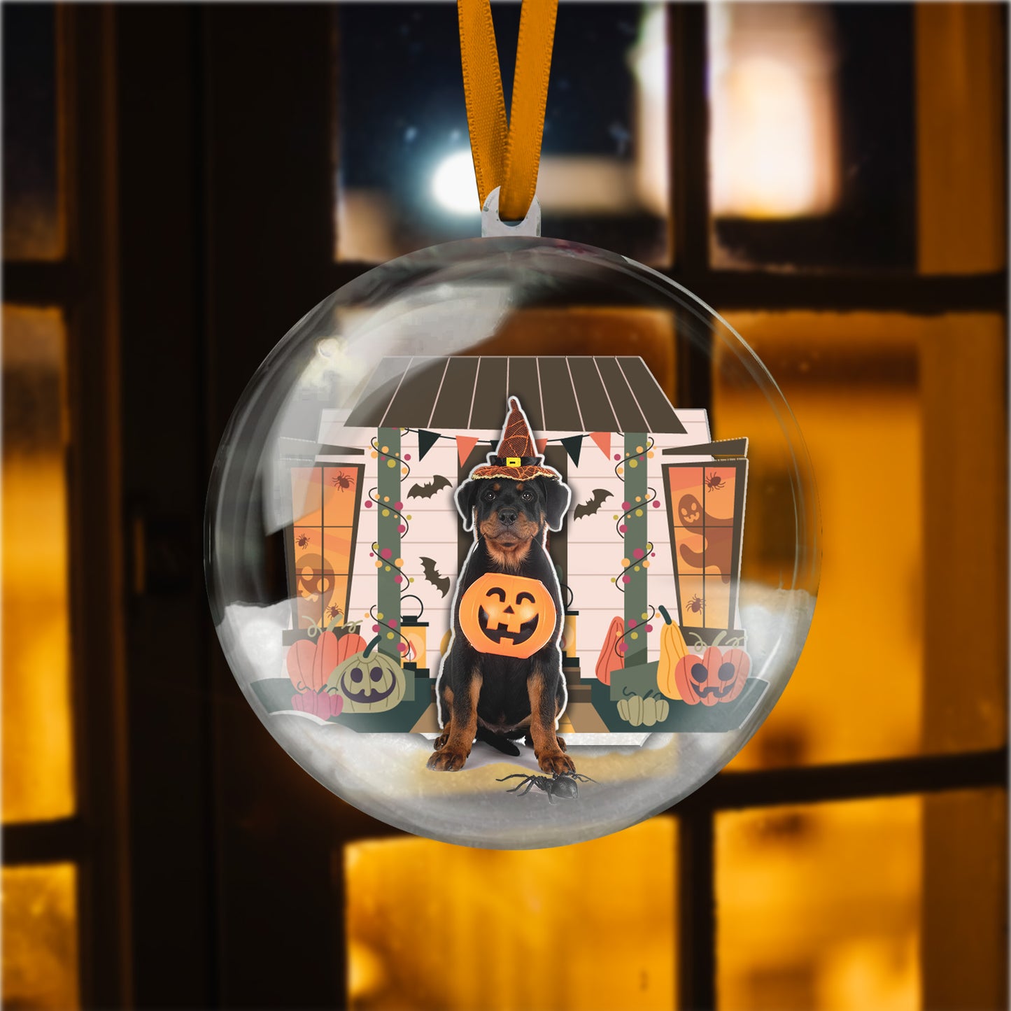 Decorative Christmas ornament with a dog in a Halloween costume against a festive background.