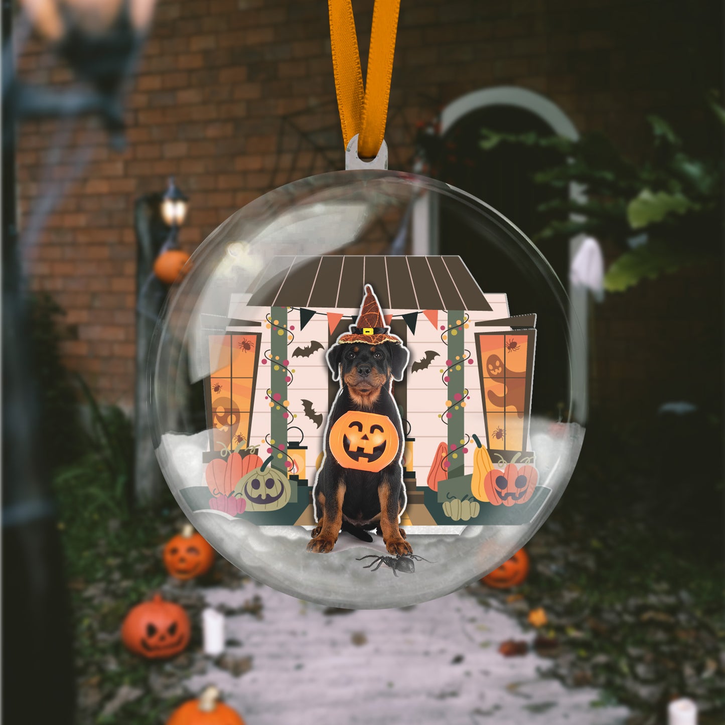 Decorative Halloween ornament with a dog in a pumpkin costume inside a clear bubble.