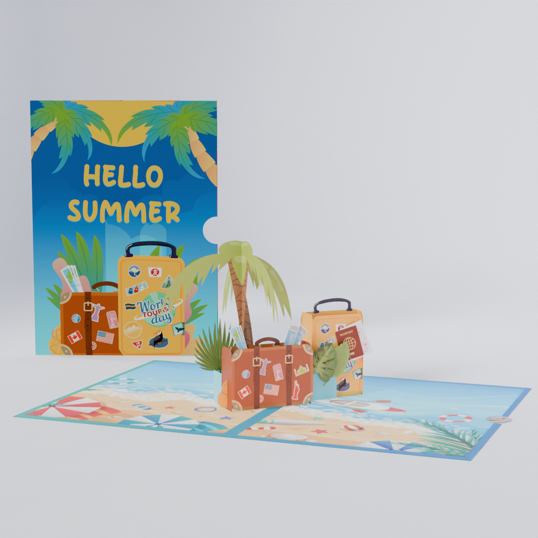 Hello Summer 3D Pop-Up Card – Tropical Beach & Travel Luggage Theme