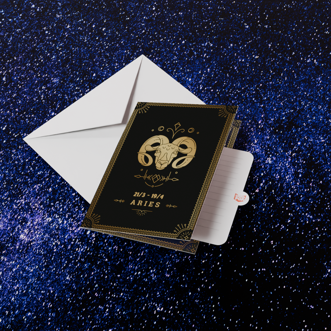 Astrology-themed card with Aries symbol on a blue glittery background