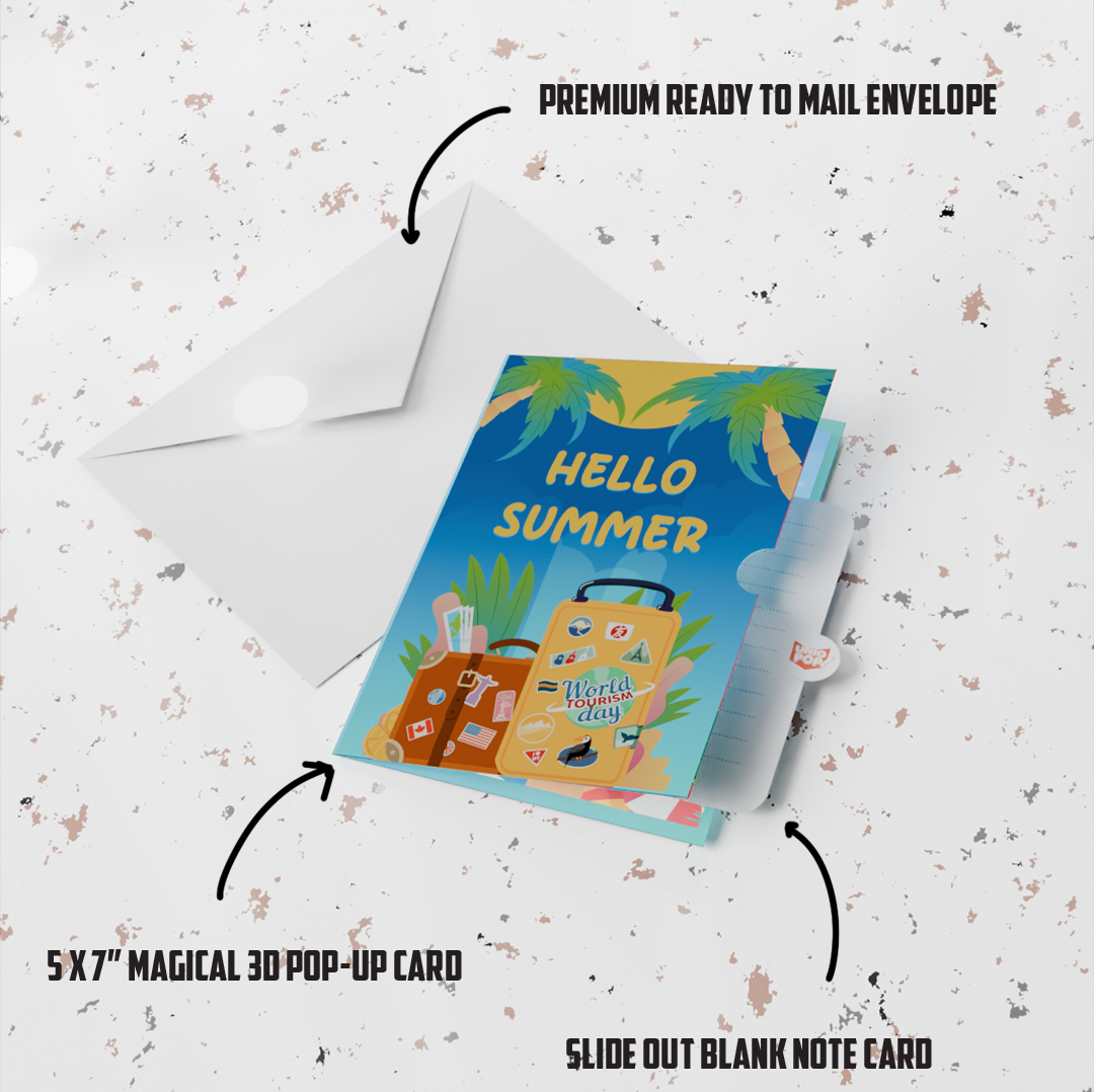 Hello Summer 3D Pop-Up Card – Tropical Beach & Travel Luggage Theme