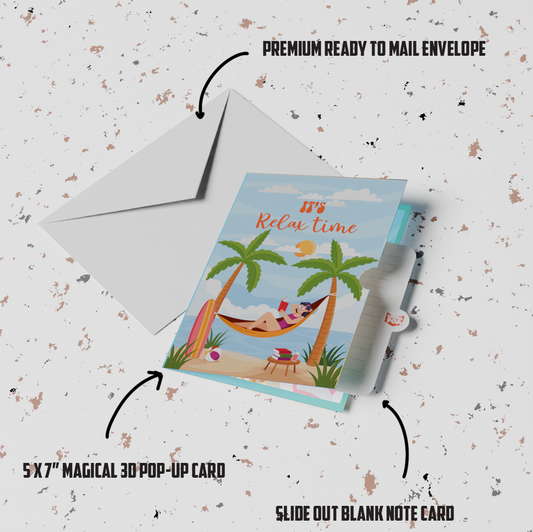 Relax Time 3D Pop-Up Card – Hammock Under Palm Trees Beach Scene