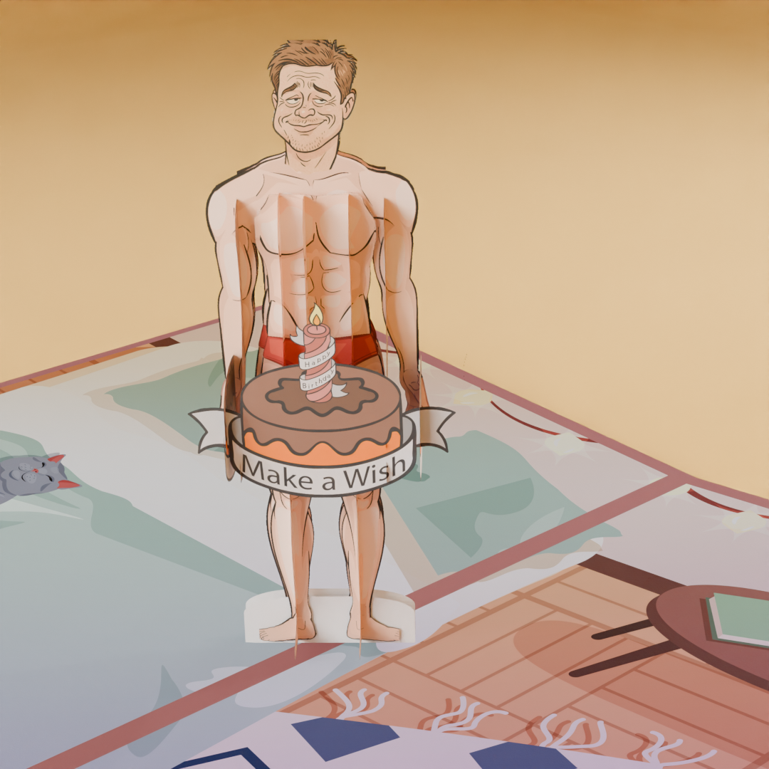Funny 3D pop-up birthday card with a cartoon man inside a cake and customizable face option
