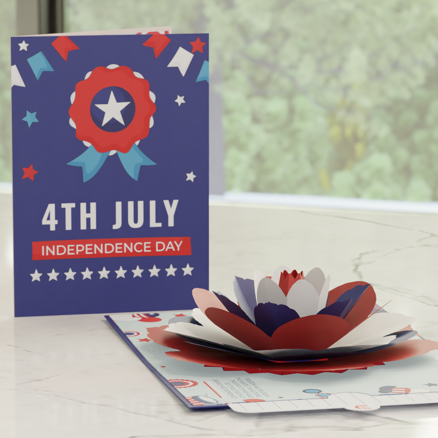 3D Pop-Up Flower Card Red White Blue Patriotic Bloom Independence Day