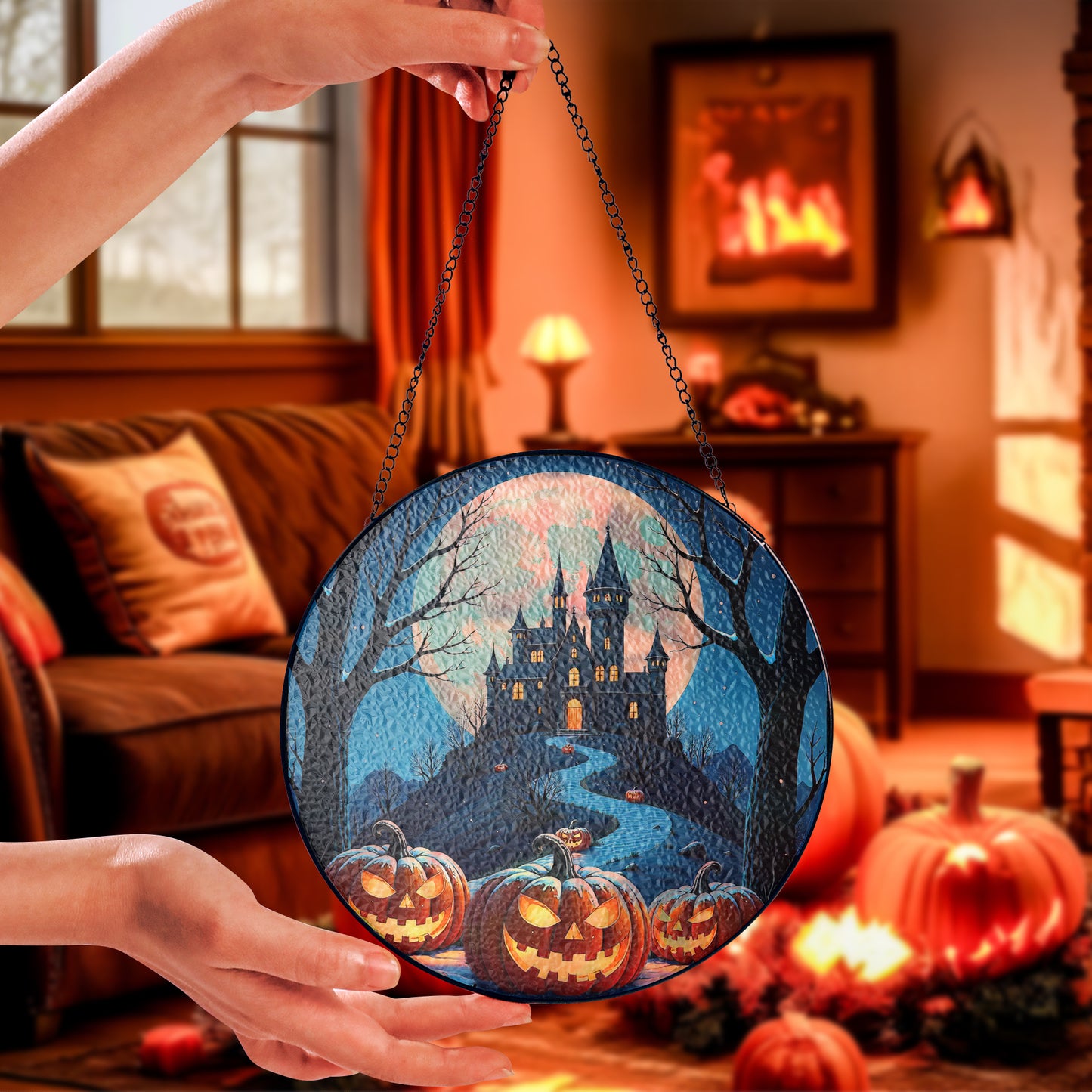 Round Halloween stained-glass style suncatcher with haunted castle and jack-o’-lantern pumpkins, hanging by a chain.