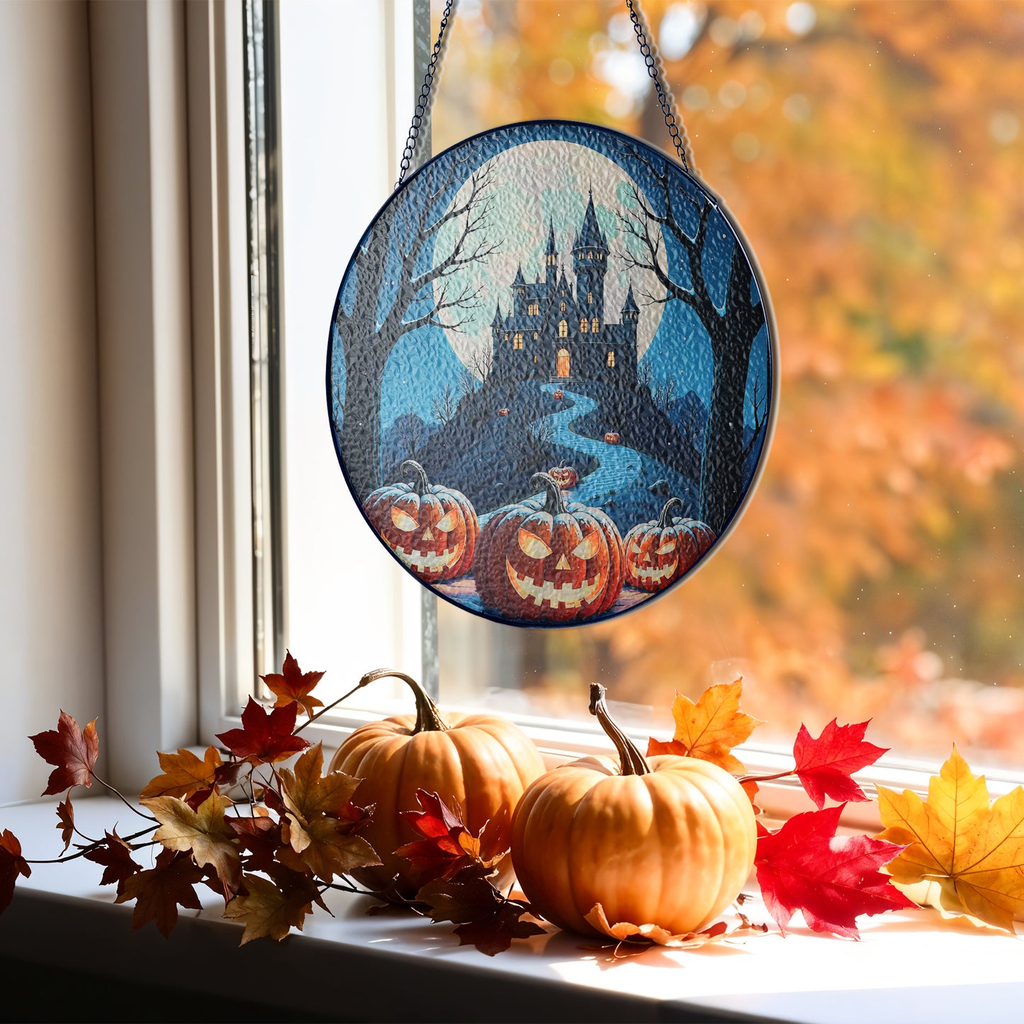 Round Halloween stained-glass style suncatcher with haunted castle and jack-o’-lantern pumpkins, hanging by a chain.
