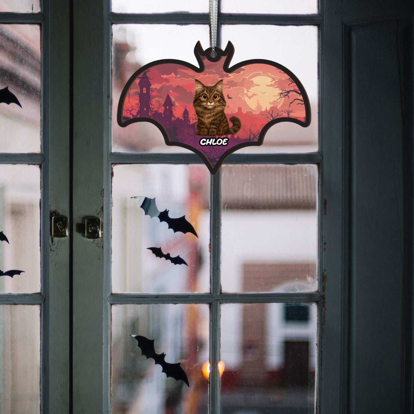 Bat-Shaped Halloween Ornament – Black Cat Witch Acrylic Suncatcher