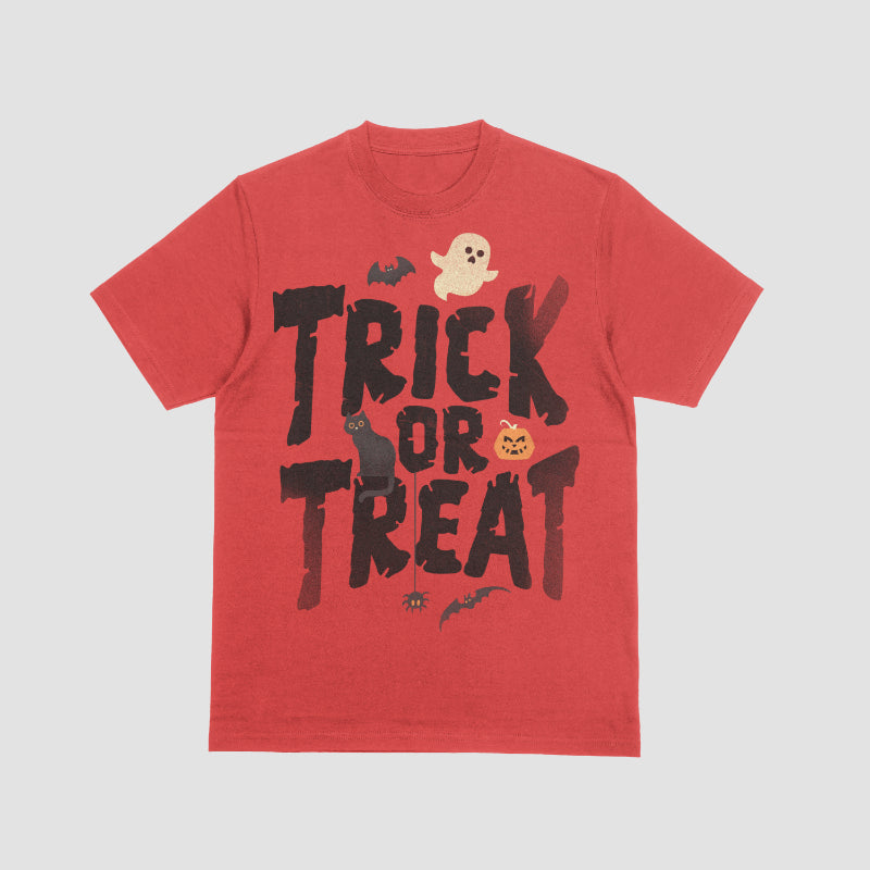 Halloween t-shirt with bold “Trick or Treat” lettering plus ghost, bats, black cat, pumpkin, and spider.