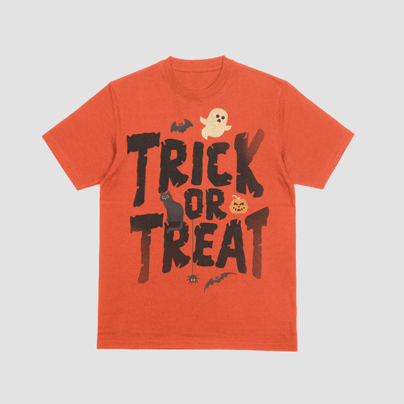 Halloween t-shirt with bold “Trick or Treat” lettering plus ghost, bats, black cat, pumpkin, and spider.