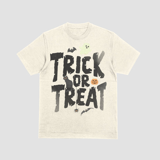 Halloween t-shirt with bold “Trick or Treat” lettering plus ghost, bats, black cat, pumpkin, and spider.