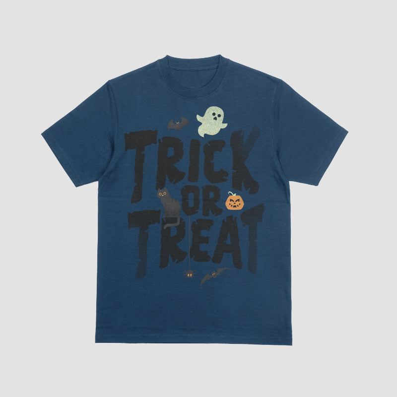 Halloween t-shirt with bold “Trick or Treat” lettering plus ghost, bats, black cat, pumpkin, and spider.