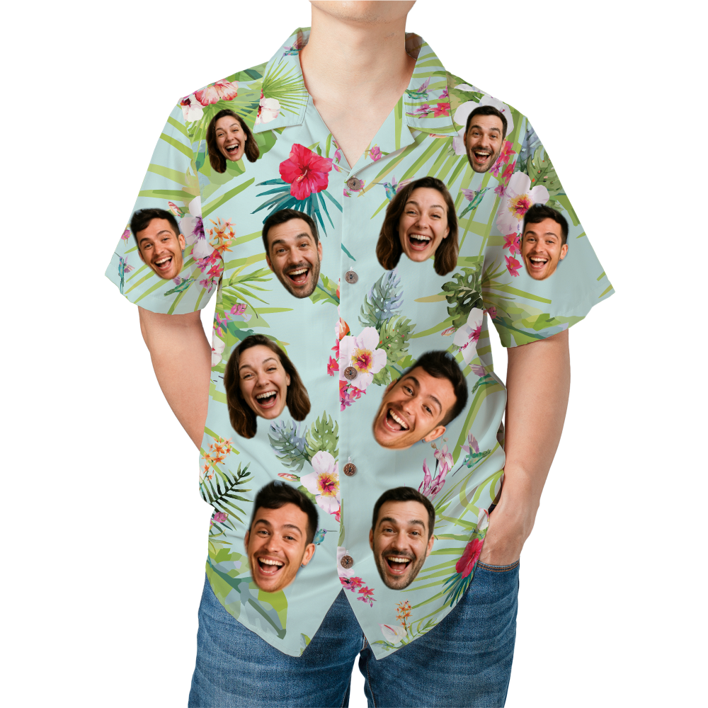 Mint Green Hawaiian Shirt with Tropical Flowers & Hummingbirds