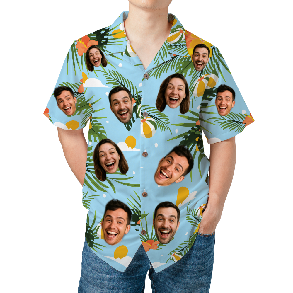 Custom Blue Hawaiian Shirt with Your Face - Personalized Tropical Beach Print Button Up - Custom Photo Summer Shirt Men