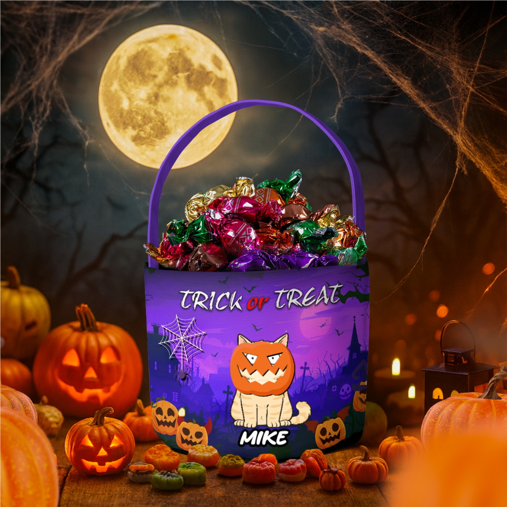 Personalized Halloween Candy Bucket with Spooky Cat Design