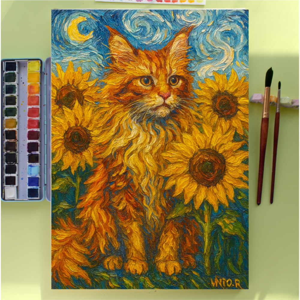 Custom Pet Portrait Van Gogh Style Canvas - Personalized Cat Dog Painting Starry Night Sunflowers Art