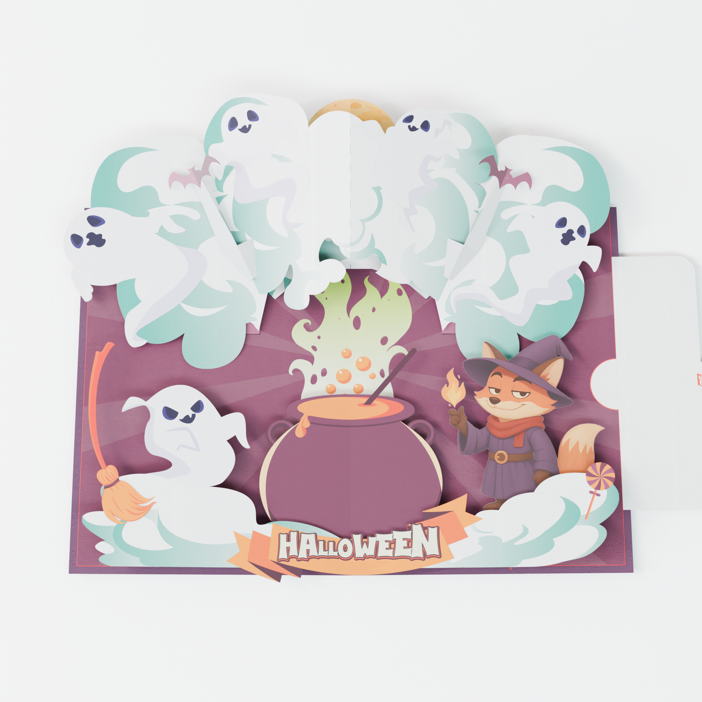 3D pop-up Halloween card with ghosts, witch and cauldron – “Boo? Nah, Boom!” design