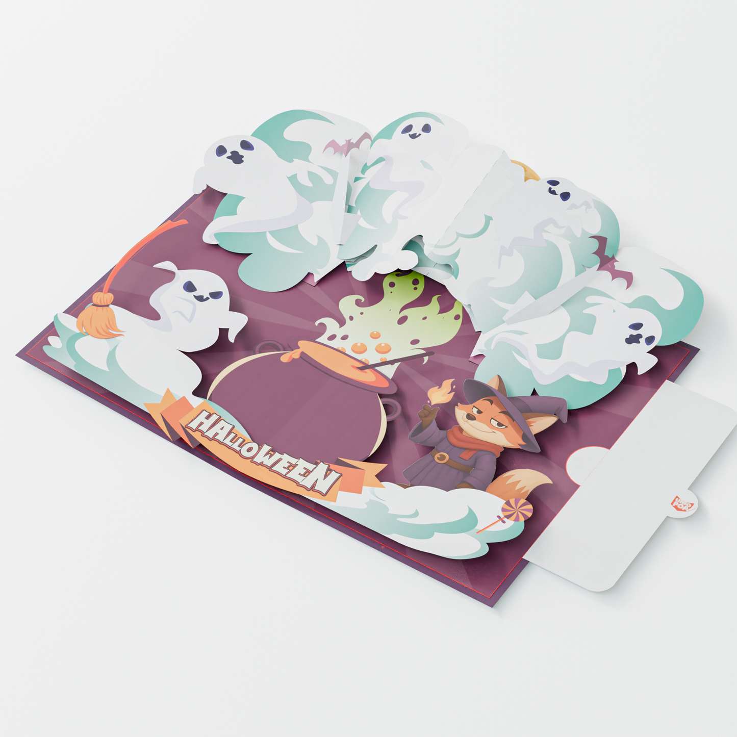 3D pop-up Halloween card with ghosts, witch and cauldron – “Boo? Nah, Boom!” design