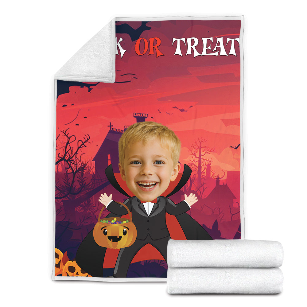Customizable Halloween blanket with child's face and choice of vampire outfit colors