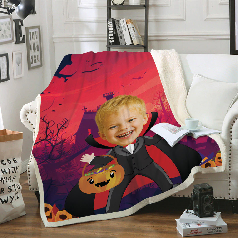 Customizable Halloween blanket with child's face and choice of vampire outfit colors