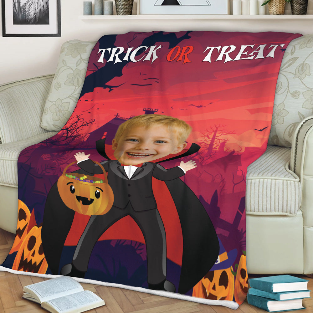 Customizable Halloween blanket with child's face and choice of vampire outfit colors