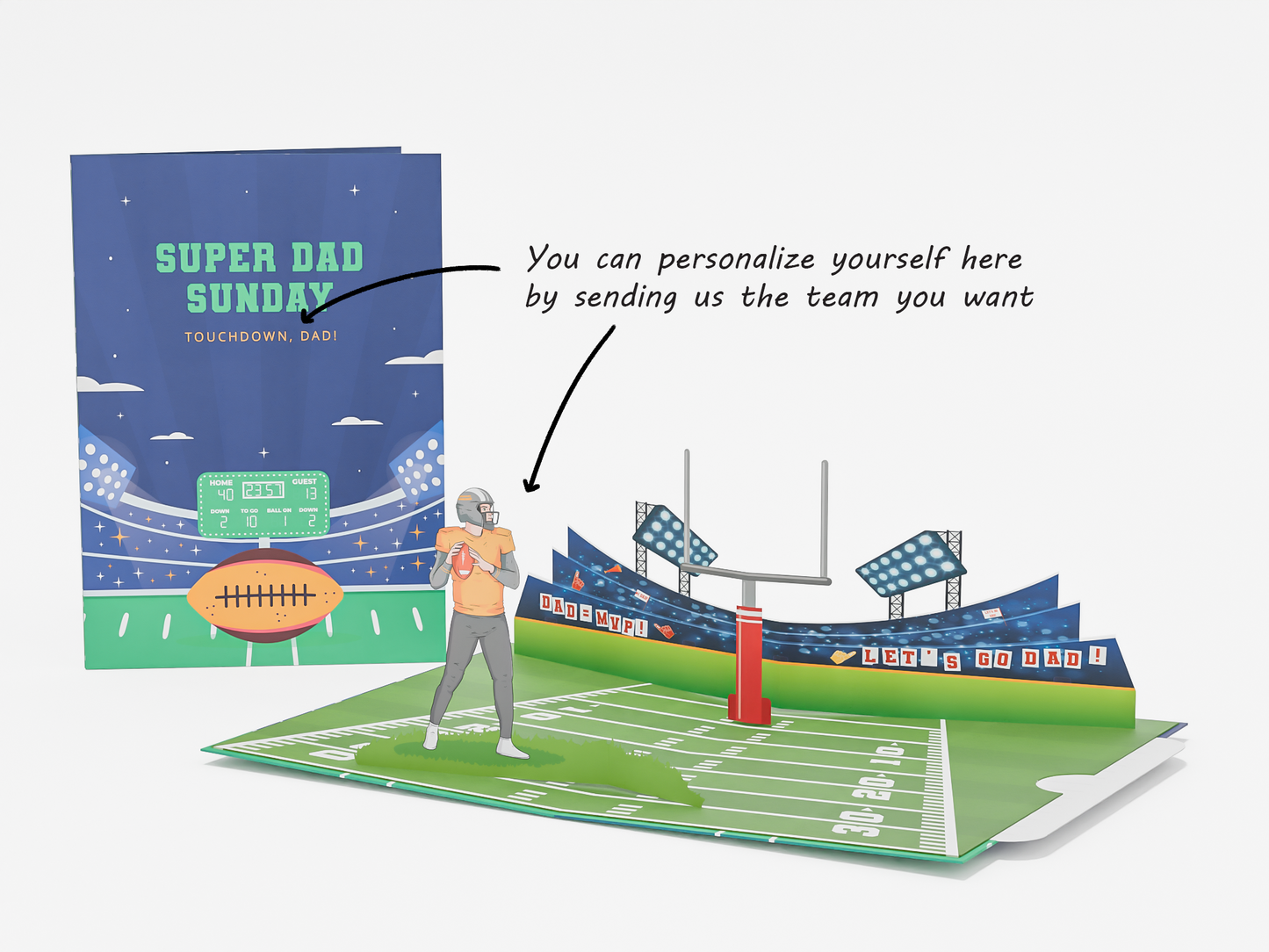 Pop-Up Birthday Card – Custom Football Field with Dad as Quarterback