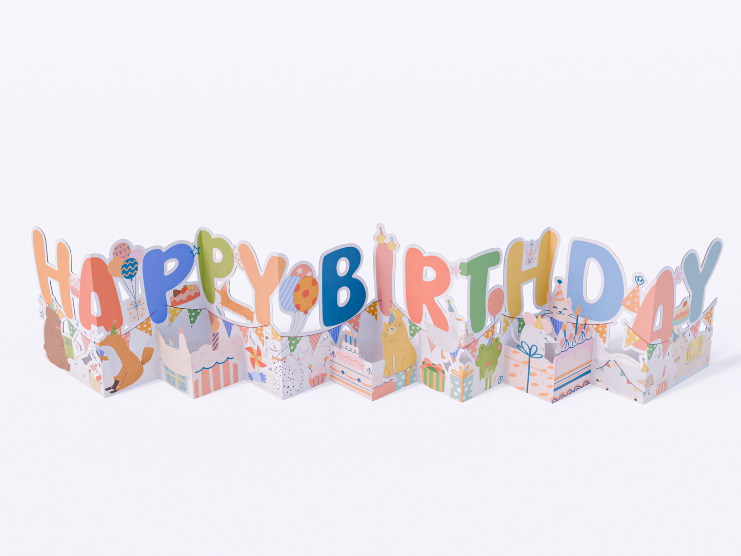 Fold-out accordion birthday card with “Happy Birthday” letters, cute animals, cakes, presents, balloons, and pastel party designs