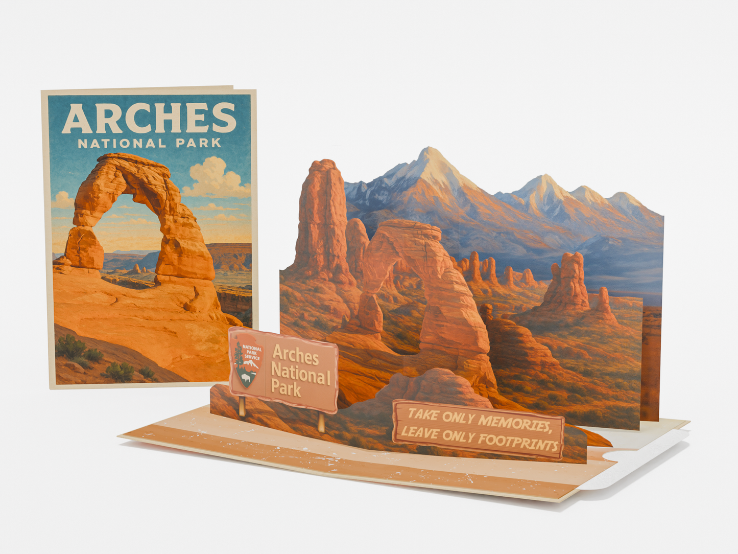 Arches National Park 3D pop-up greeting card featuring Delicate Arch with desert landscape and mountains