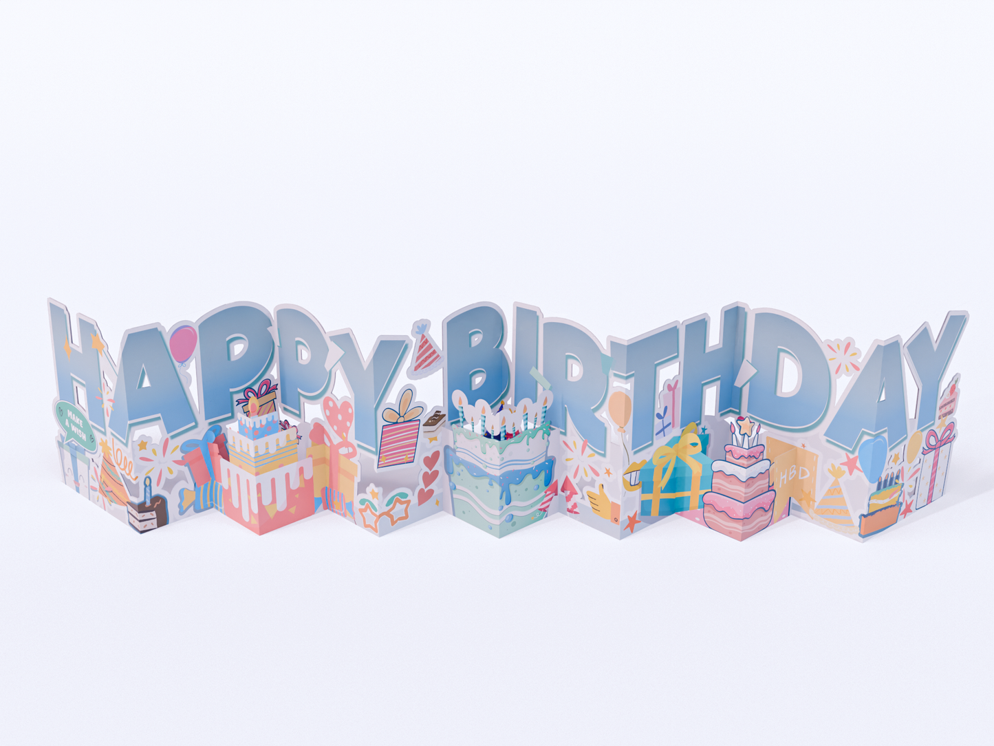 Pop-up accordion birthday card with “Happy Birthday” letters, cakes, gifts, balloons, and party decorations in colorful style