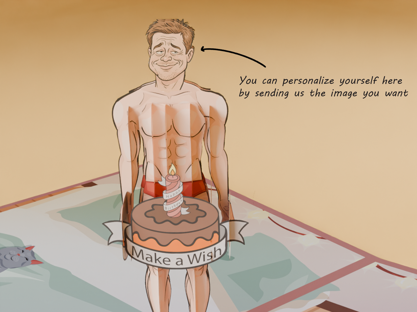 Funny 3D pop-up birthday card with a cartoon man inside a cake and customizable face option
