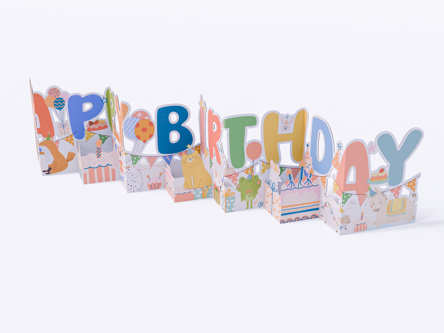 Fold-out accordion birthday card with “Happy Birthday” letters, cute animals, cakes, presents, balloons, and pastel party designs