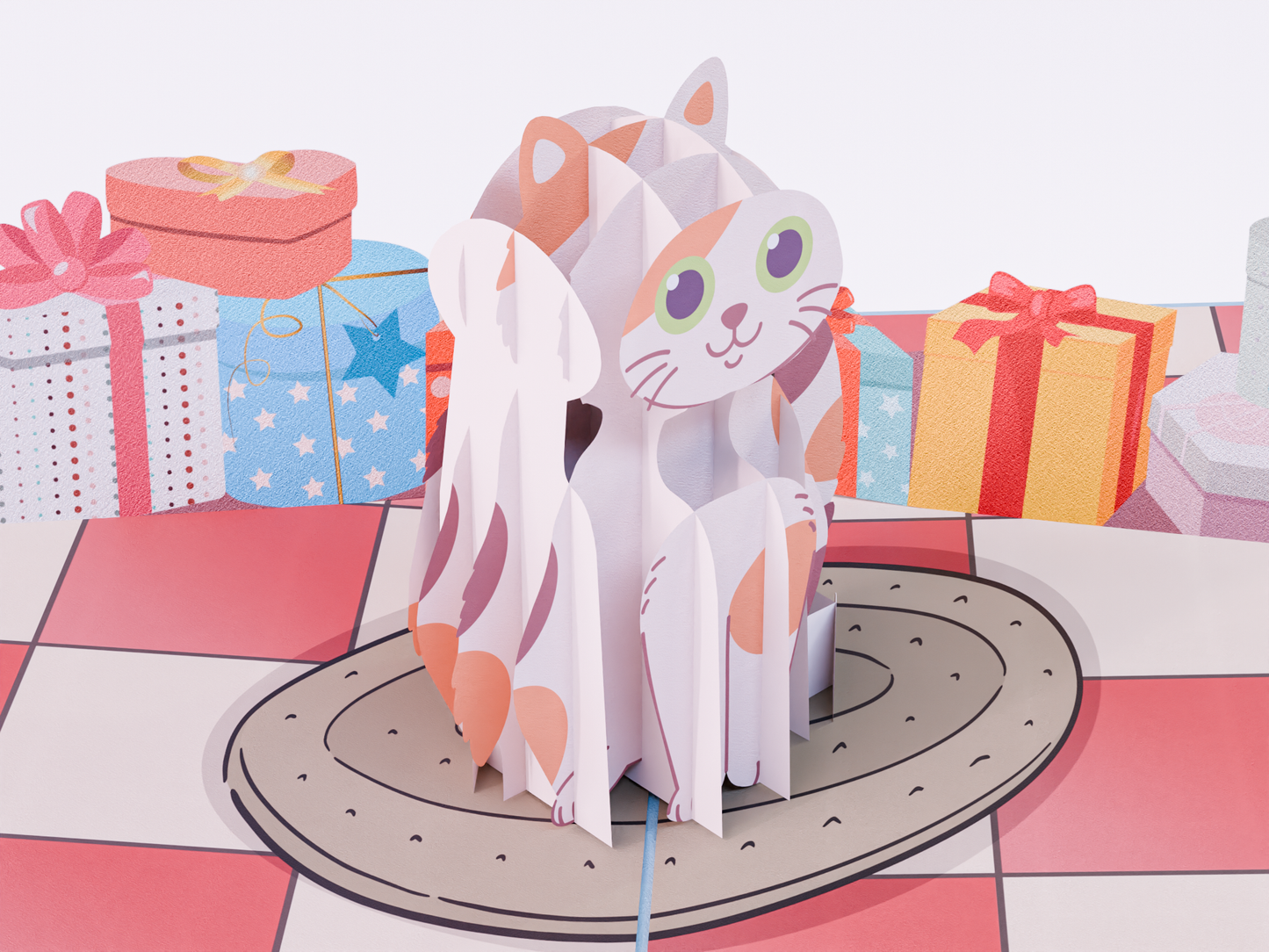 Pop-up birthday card with a 3D calico cat, gift boxes, cupcake, and “Have a Purr-fect Birthday” message in pastel colors