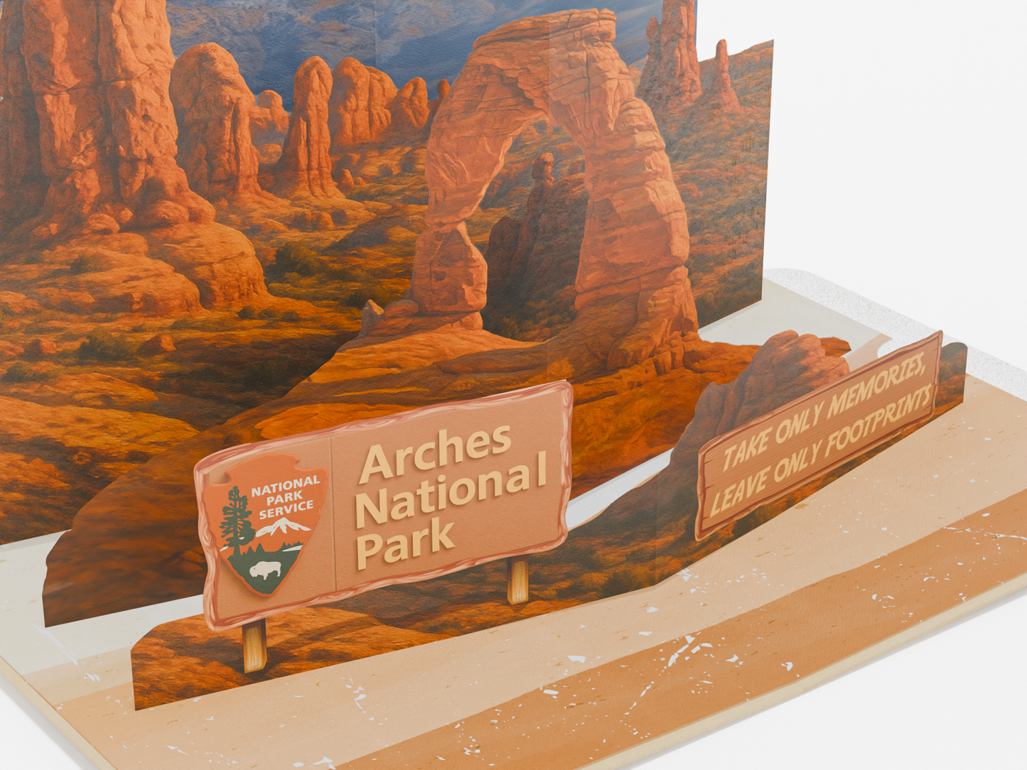 Arches National Park 3D pop-up greeting card featuring Delicate Arch with desert landscape and mountains